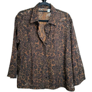 Vintage Chico's Leopard Print Size Large Rose Cut Button Light Jacket Brown 90s